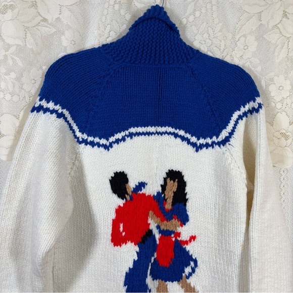 Vintage 70s Cowichan Blue and White Zip-Up Cardigan Music Dancer Size Medium - Picture 4 of 9